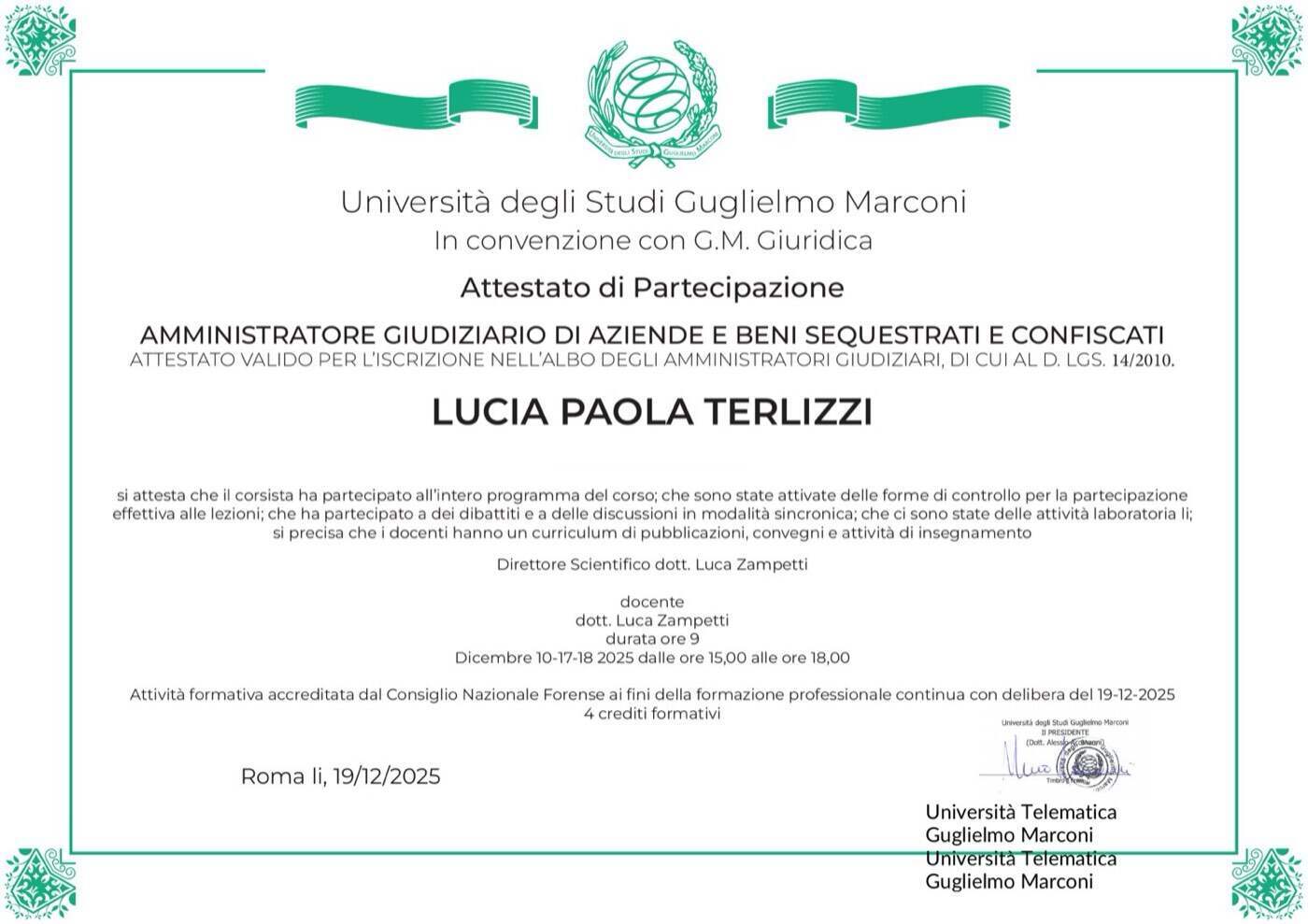 Attestato Amministratore Giudiziario — Università Guglielmo Marconi