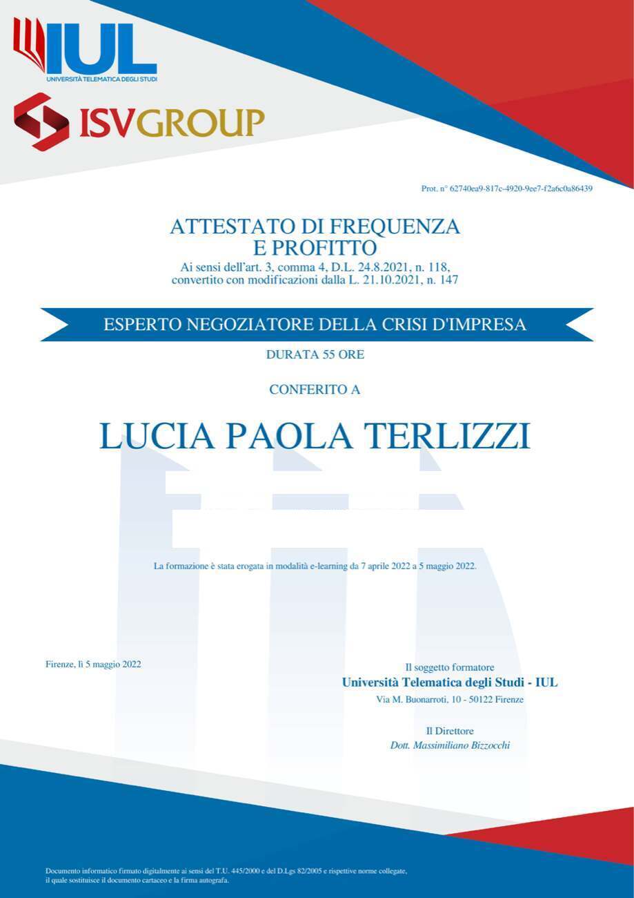 Attestato Formazione Continua CNF — Avv. Lucia Paola Terlizzi